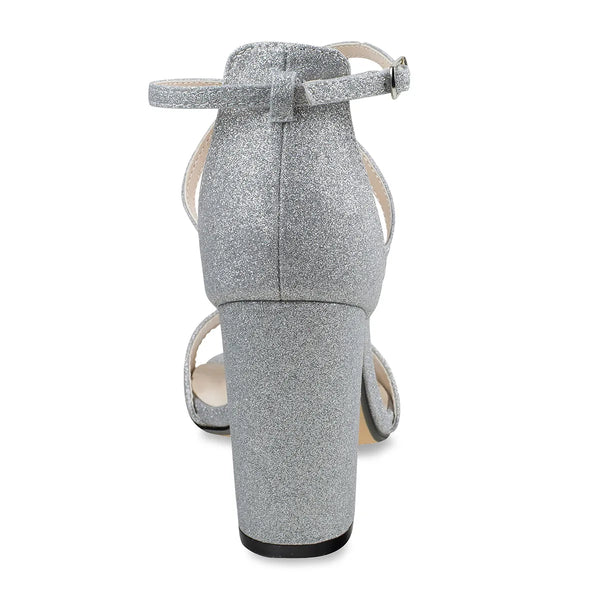 Dyeables Jordy Silver Glitter High Block Heel Sandals Shoes