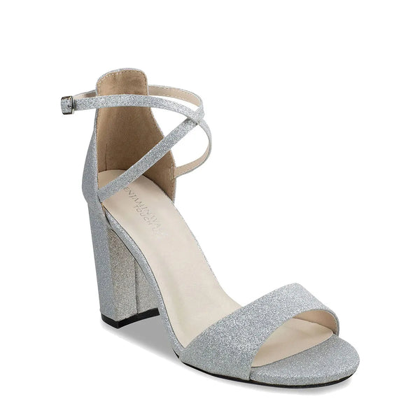 dyeables Jordy Silver Glitter High Block Heel Sandals Shoes