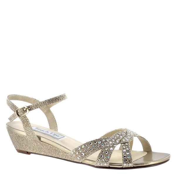 dyeables Lena Champagne Glitter Low Wedge Sandals with Stones Shoes