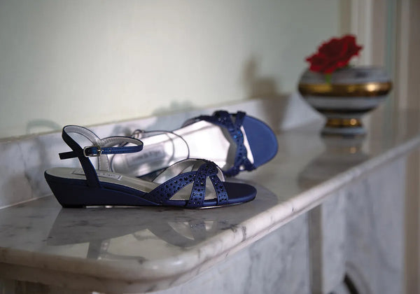 Dyeables Lena Navy Shimmer PU Low Wedge Sandals With Stones Shoes