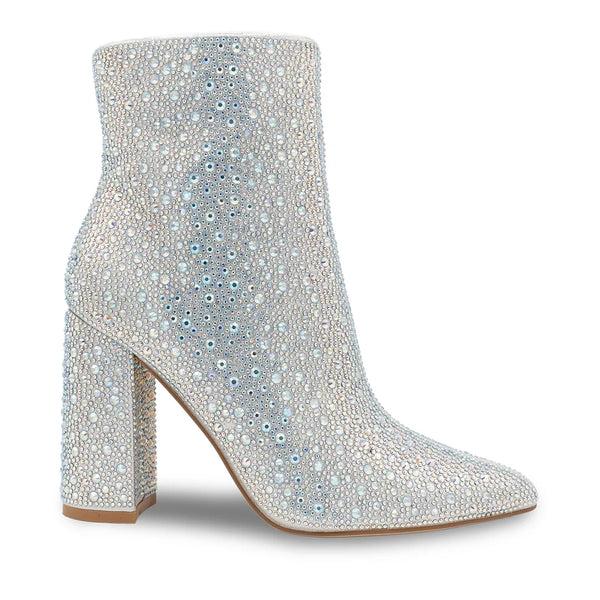 Dyeables Luca Silver Shimmer High Block Heel Bootie With Stones Shoes