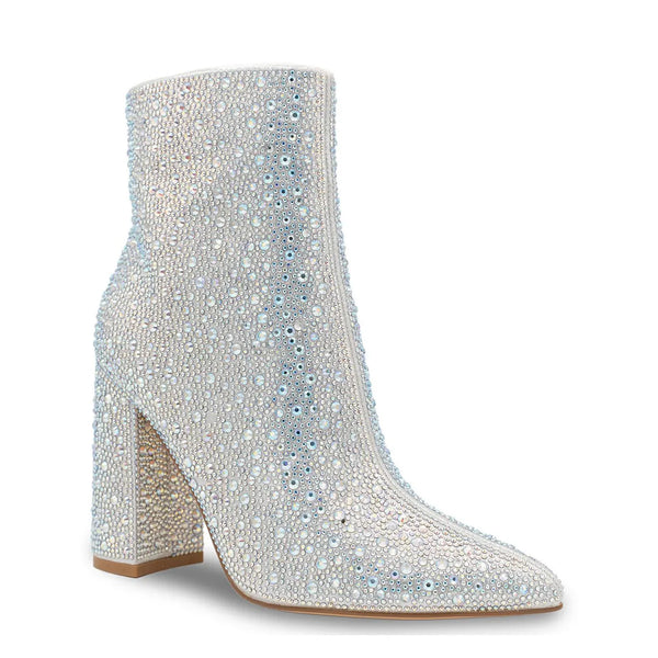 dyeables Luca Silver Shimmer High Block Heel Bootie with Stones Shoes