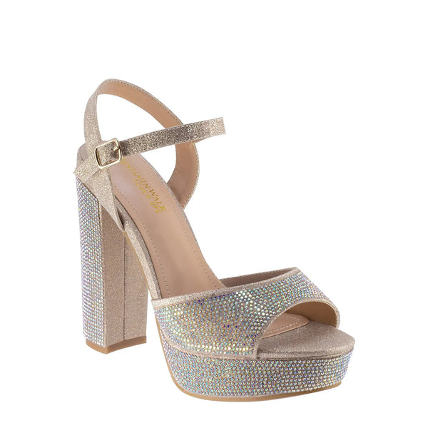 dyeables Lynx Champagne Glitter High Block Heel Platform Sandals with Stones Shoes