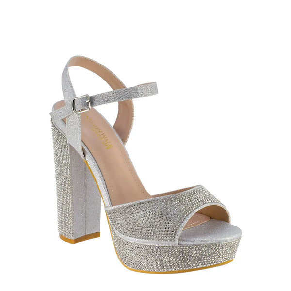 dyeables Lynx Silver Glitter High Block Heel Platform Sandals with Stones Shoes