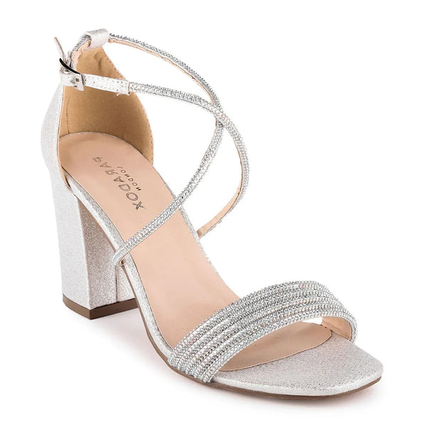 dyeables Mackenzie Silver Shimmer Block Heel Sandals Shoes