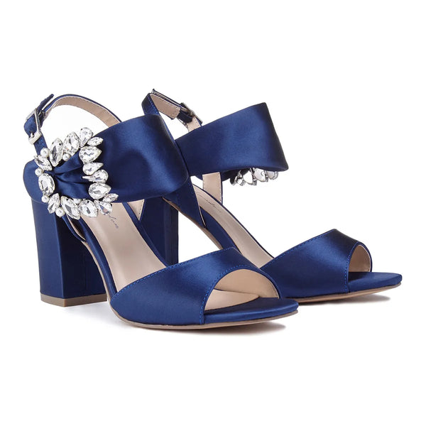Dyeables Manhattan Navy Satin Block Heel Sandals Shoes