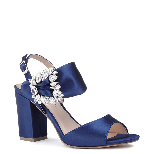 dyeables Manhattan Navy Satin Block Heel Sandals Shoes
