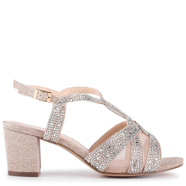dyeables Nadia Champagne Shimmer Low Block Heel Sandals With Stones Shoes
