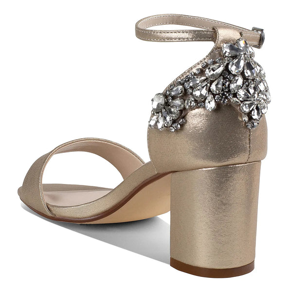 Dyeables Olivia Champagne Shimmer Block Heel Sandals With Jewels Shoes