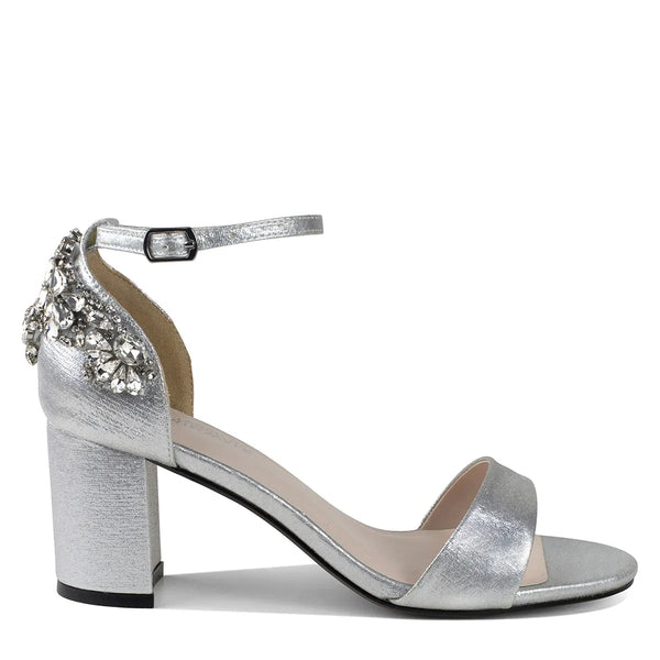 Dyeables Olivia Silver Shimmer Block Heel Sandals With Jewels Shoes