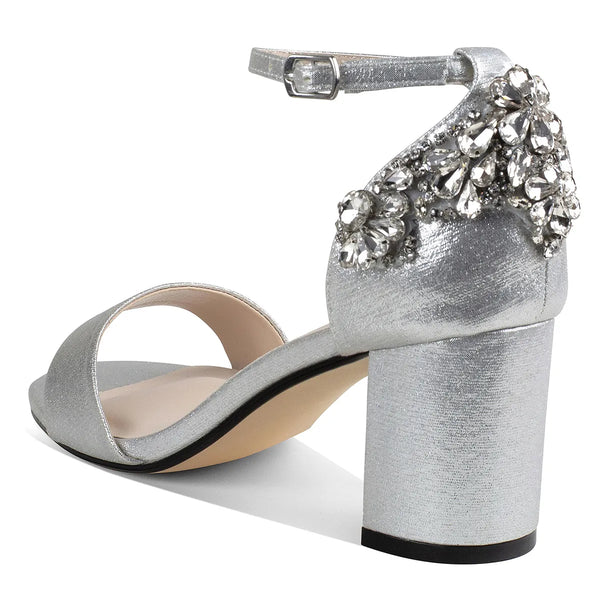 Dyeables Olivia Silver Shimmer Block Heel Sandals With Jewels Shoes