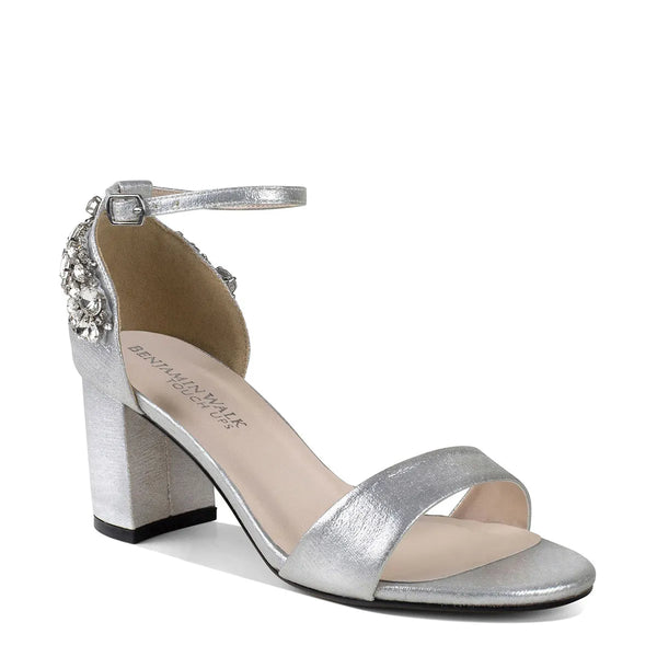 dyeables Olivia Silver Shimmer Block Heel Sandals With Jewels Shoes