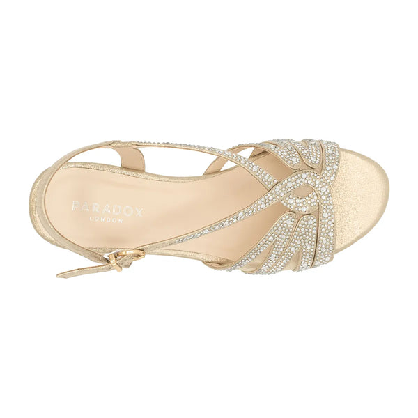 Dyeables Quest Champagne Shimmer Low Block Heel Sandal With Stones Shoes