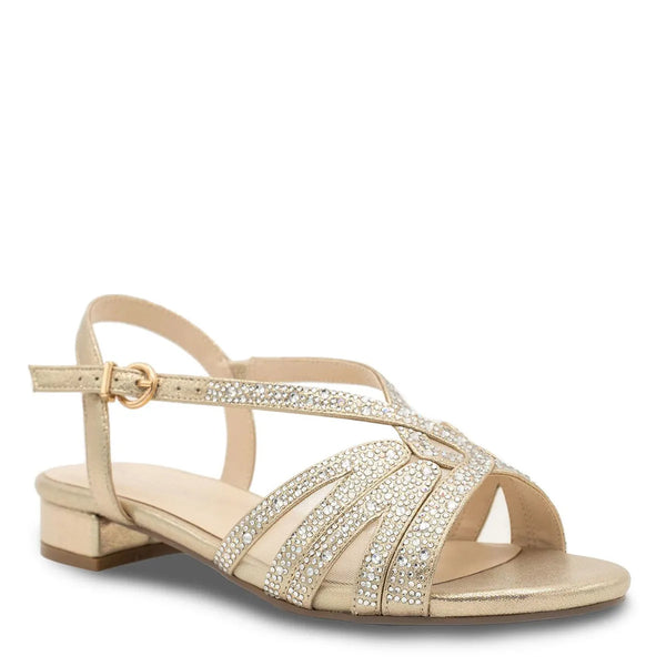 dyeables Quest Champagne Shimmer Low Block Heel Sandal With Stones Shoes