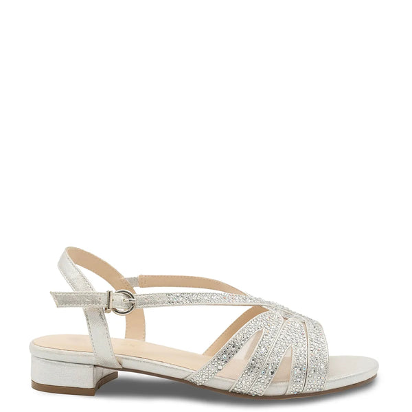 Dyeables Quest Silver Shimmer Low Block Heel Sandals With Stones Shoes