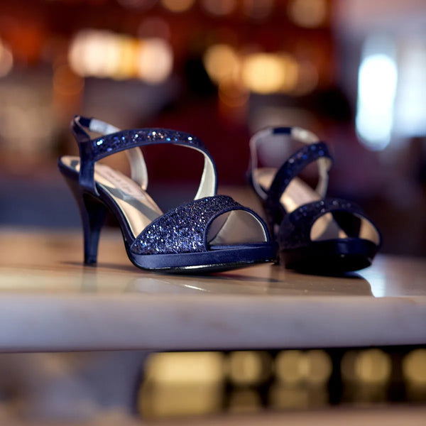 Dyeables Reagan Navy Glitter Stiletto Heel Open Toe Slip On Sandals Shoes