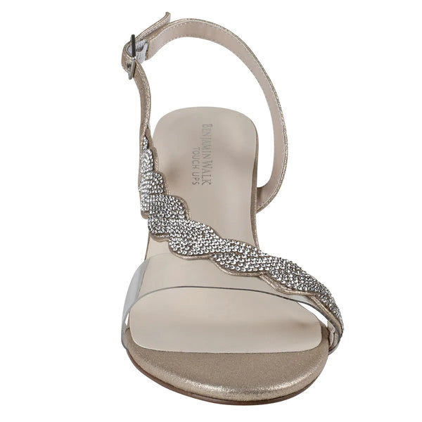 Dyeables Ruby Champagne Shimmer Low Block Heel Sandals With Stones Shoes