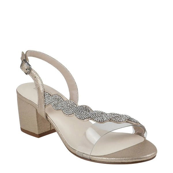 dyeables Ruby Champagne Shimmer Low Block Heel Sandals With Stones Shoes
