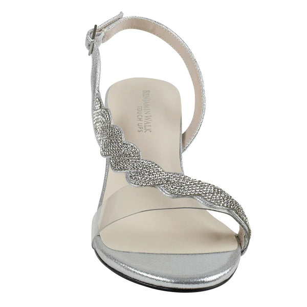 Dyeables Ruby Silver Shimmer Low Block Heel Sandals With Stones Shoes