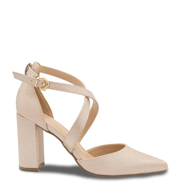 Dyeables Rylee Nude Shimmer High Block Heel Closed Toe Sandals Shoes