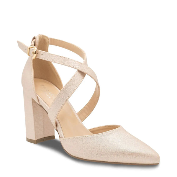 dyeables Rylee Nude Shimmer High Block Heel Closed Toe Sandals Shoes