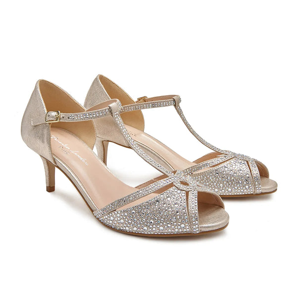 Dyeables Seva Champagne Shimmer Kitten Heel T-Strap Sandals Shoes