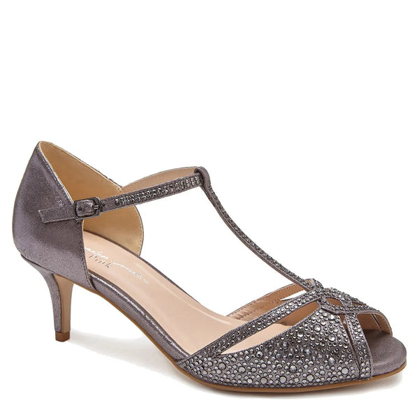 dyeables Seva Pewter Shimmer Kitten Heel T-Strap Sandals Shoes