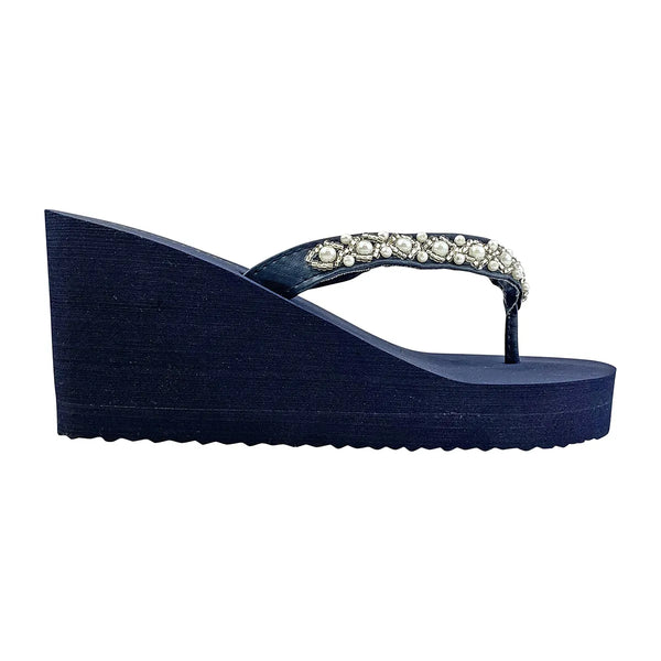 Dyeables Shelly Navy Wedge Open Toe Beaded Thong Shoes