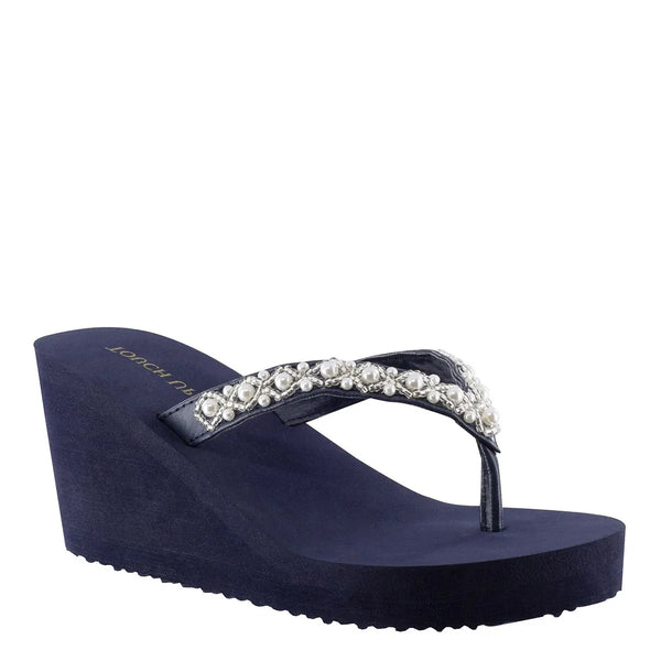 dyeables Shelly Navy Wedge Open Toe Beaded Thong Shoes
