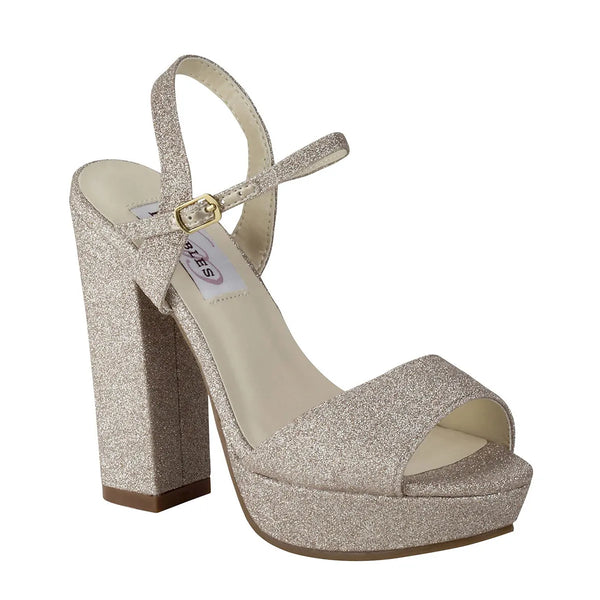 dyeables Whitta Champagne Glitter High Block Heel Open Toe Platform Sandals Shoes