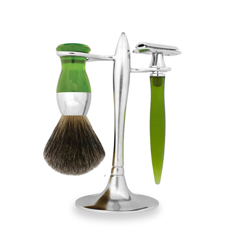 e shave T Stand Shaving Set Fine Badger Brush/ DE Razor Green