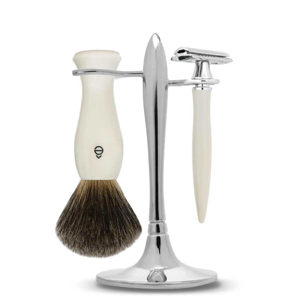 e shave T Stand Shaving Set Fine Badger Brush/ DE Razor Ivory
