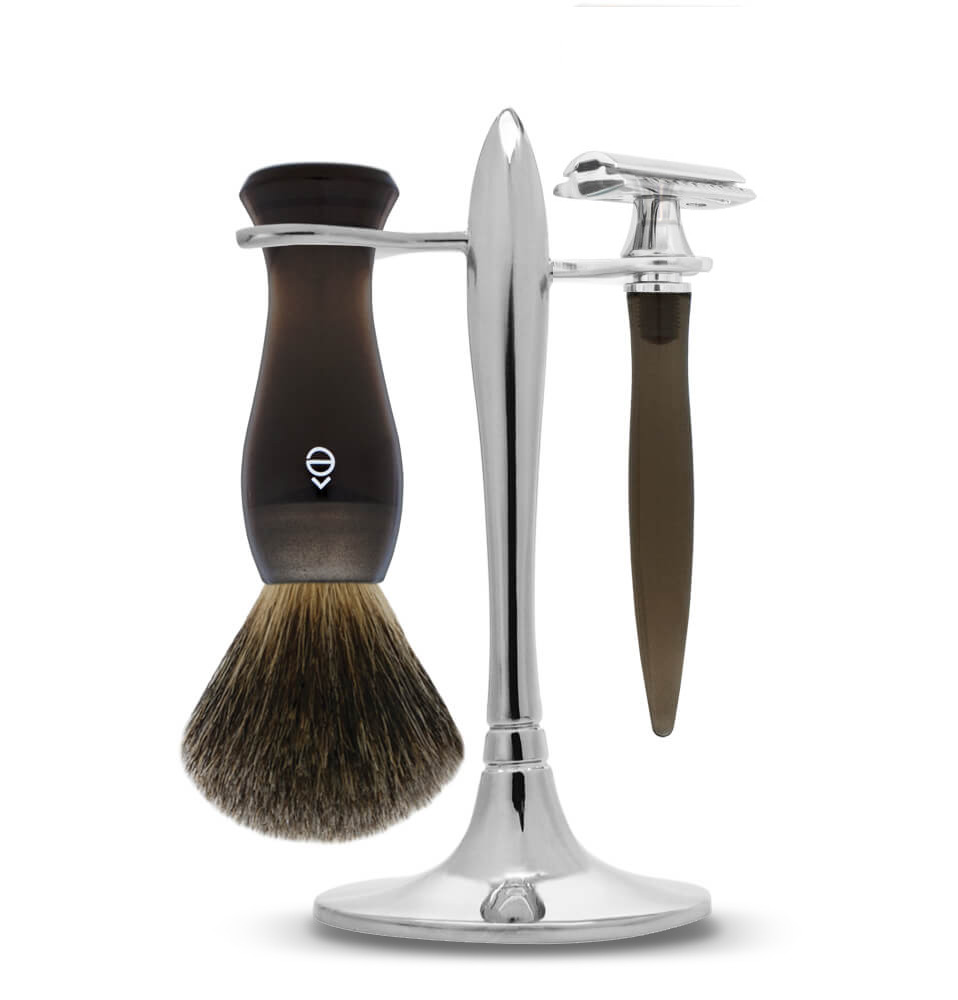 e shave T Stand Shaving Set Fine Badger Brush/ DE Razor Smoke