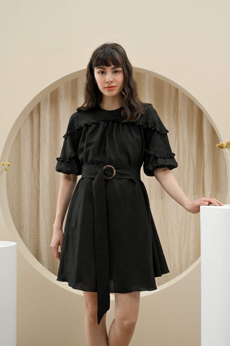 E Vee Sno Flared Midi Dress With Belt In Black