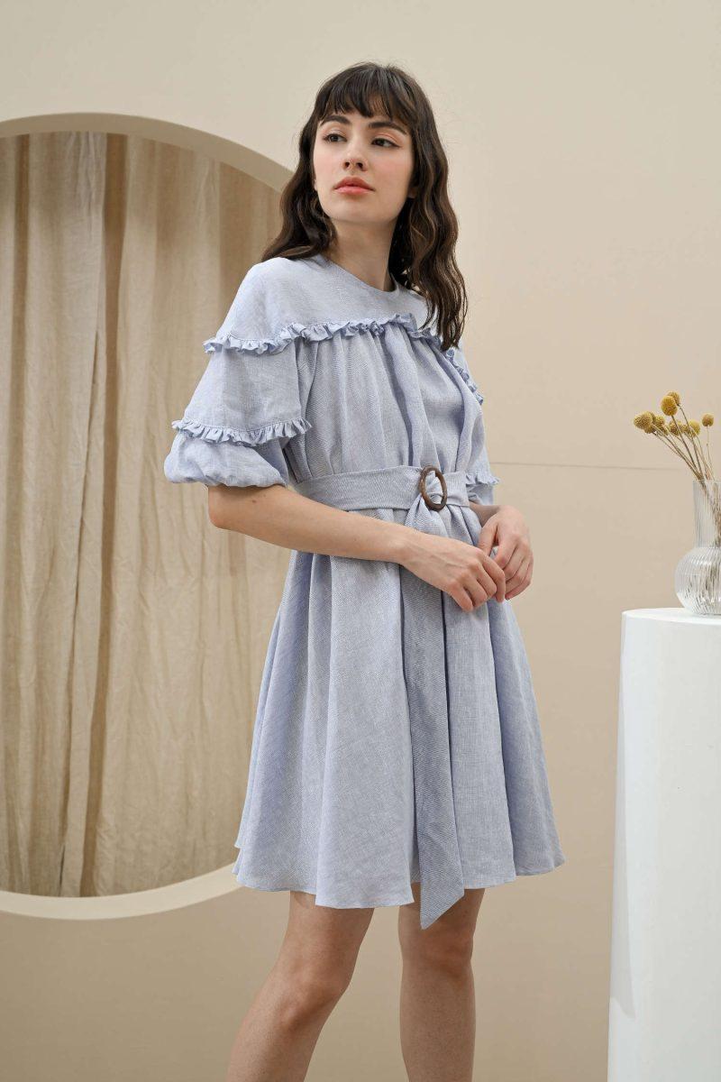 E Vee Sno Flared Midi Dress With Belt In Blue