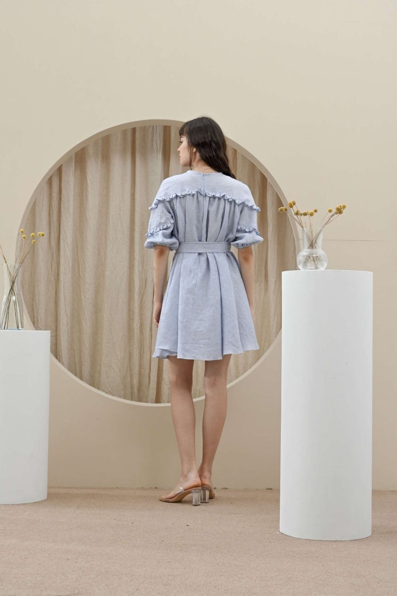 E Vee Sno Flared Midi Dress With Belt In Blue