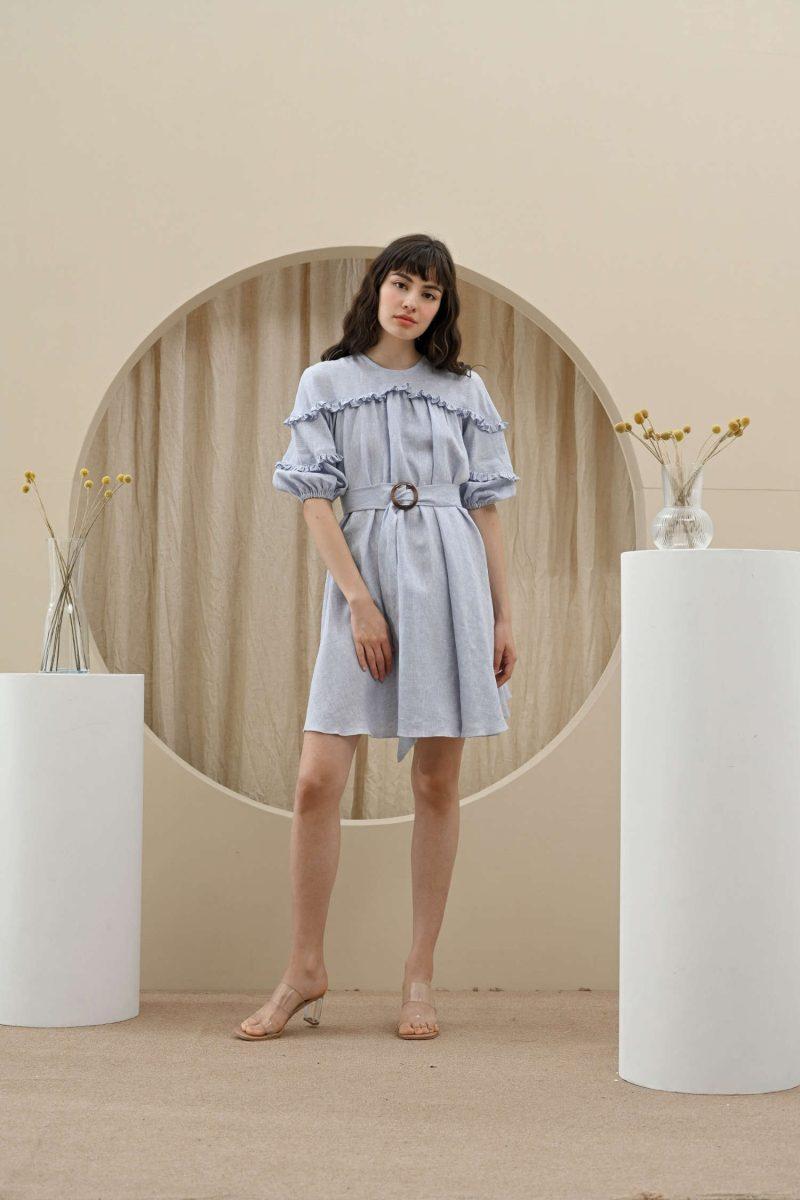 e vee Sno Flared Midi Dress With Belt in Blue