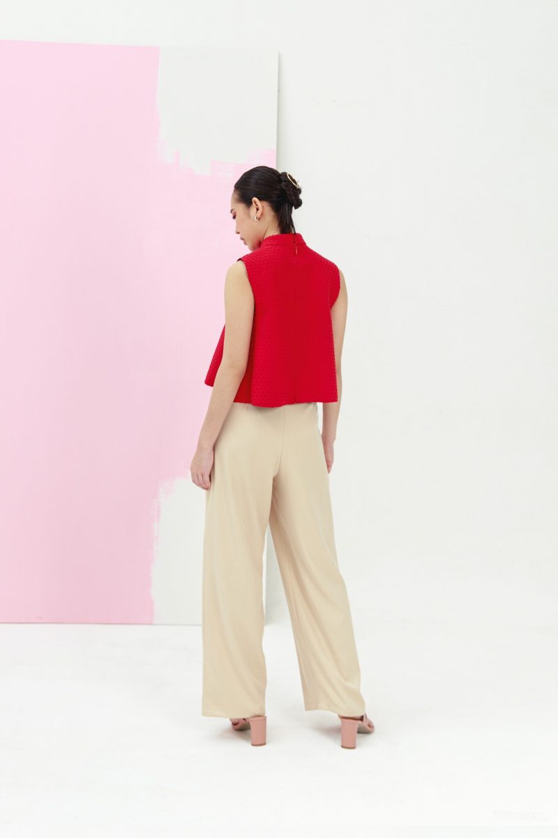 E Vee Vera On Red Top & Basic Nude Flare Pants