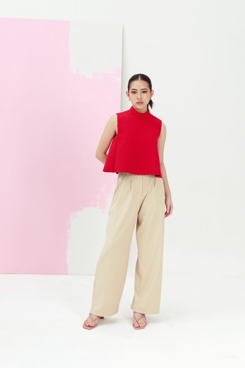 e vee Vera on red top & Basic nude flare pants