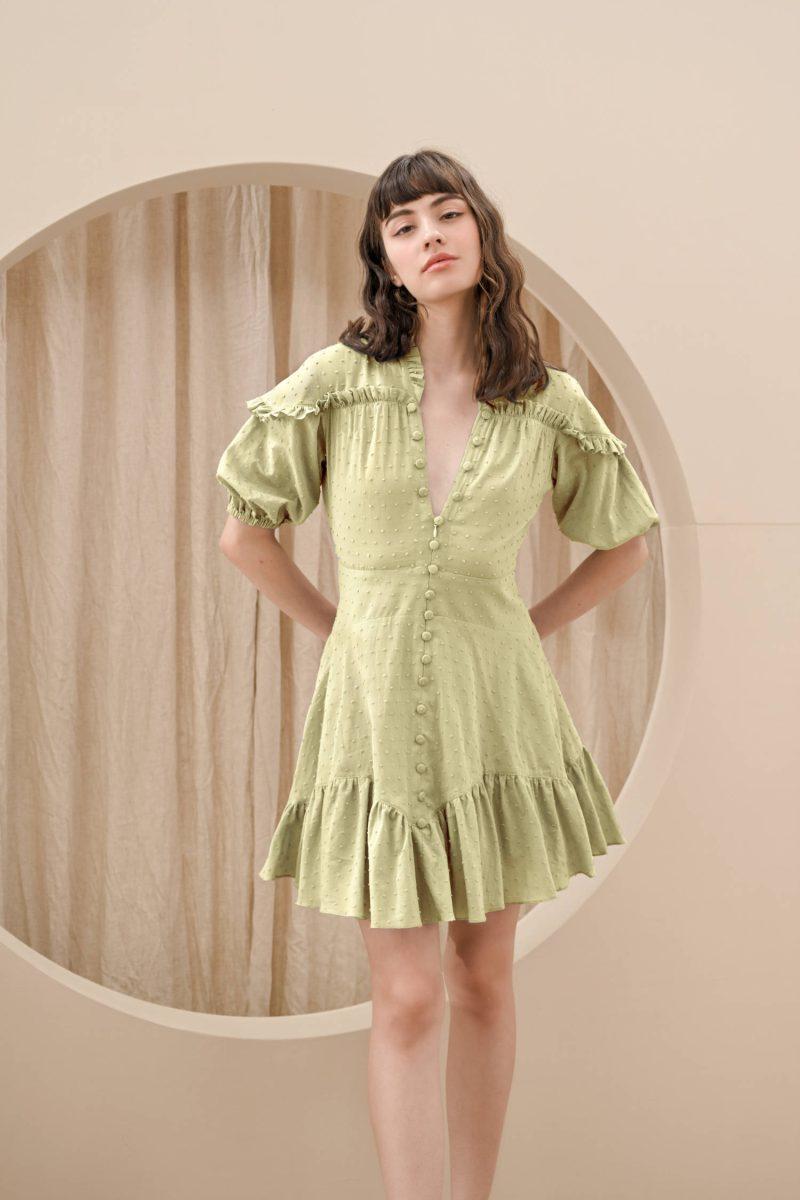 e vee Elu Ruffle Dress With Front Buttons in Green Dots