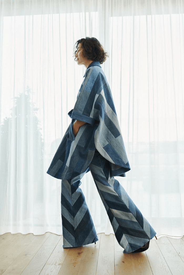 E.l.v. Denim Celeste Coat Tessellated Patchwork Denim Mid Blue