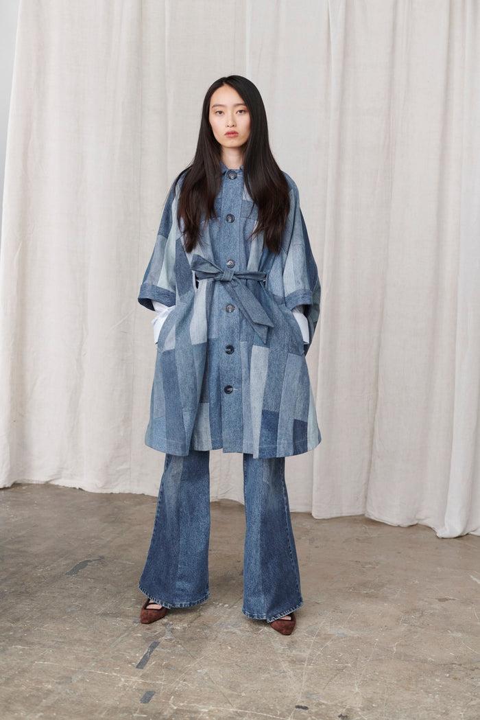 E.l.v. Denim Celeste Coat Tessellated Patchwork Denim Mid Blue
