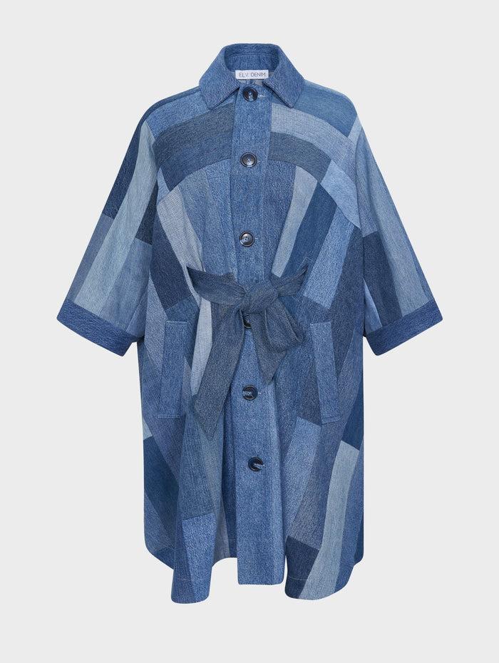 e.l.v. denim Celeste Coat Tessellated Patchwork Denim Mid Blue