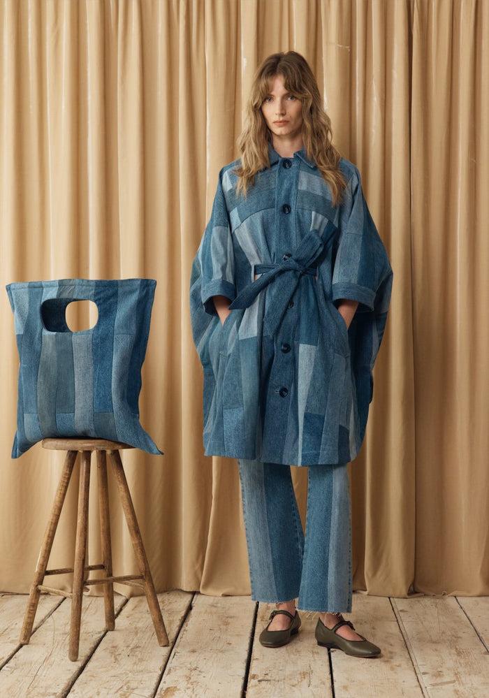 E.l.v. Denim Celeste Coat Tessellated Patchwork Denim Mid Blue