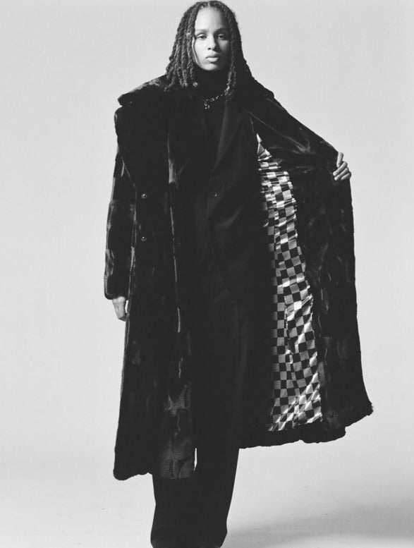 Each Other Long Faux Fur Rex Checked Coat S