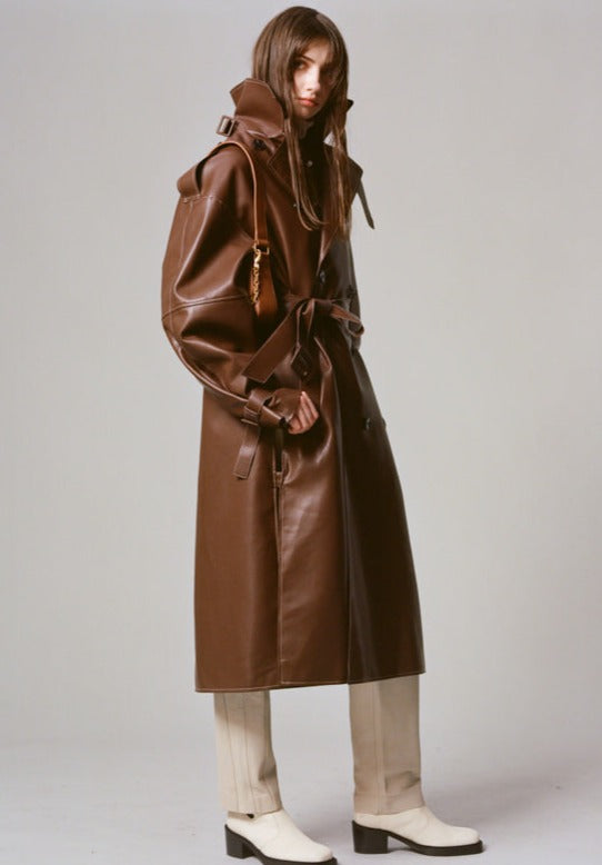 Each Other Oversized Vegan Leather Trench Brown