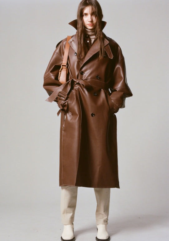 each other Oversized Vegan Leather Trench Brown