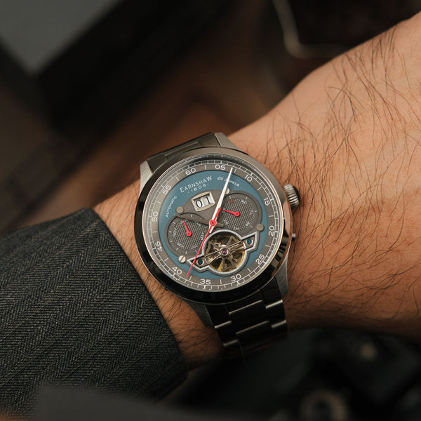 Earnshaw Grand Date Calendar Open Heart Automatic Morning Blue