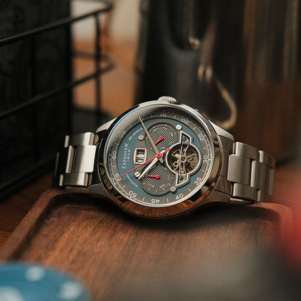 Earnshaw Grand Date Calendar Open Heart Automatic Morning Blue