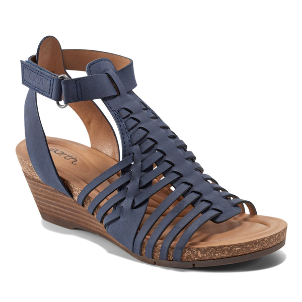 Earth Shoes Hattie Round Toe Strappy Wedge Sandals Dark Blue